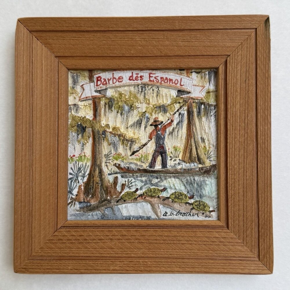 Art Painting Barbie Des Espanol Signed 1986 Wood Frame Boat Swamp Scene Trees